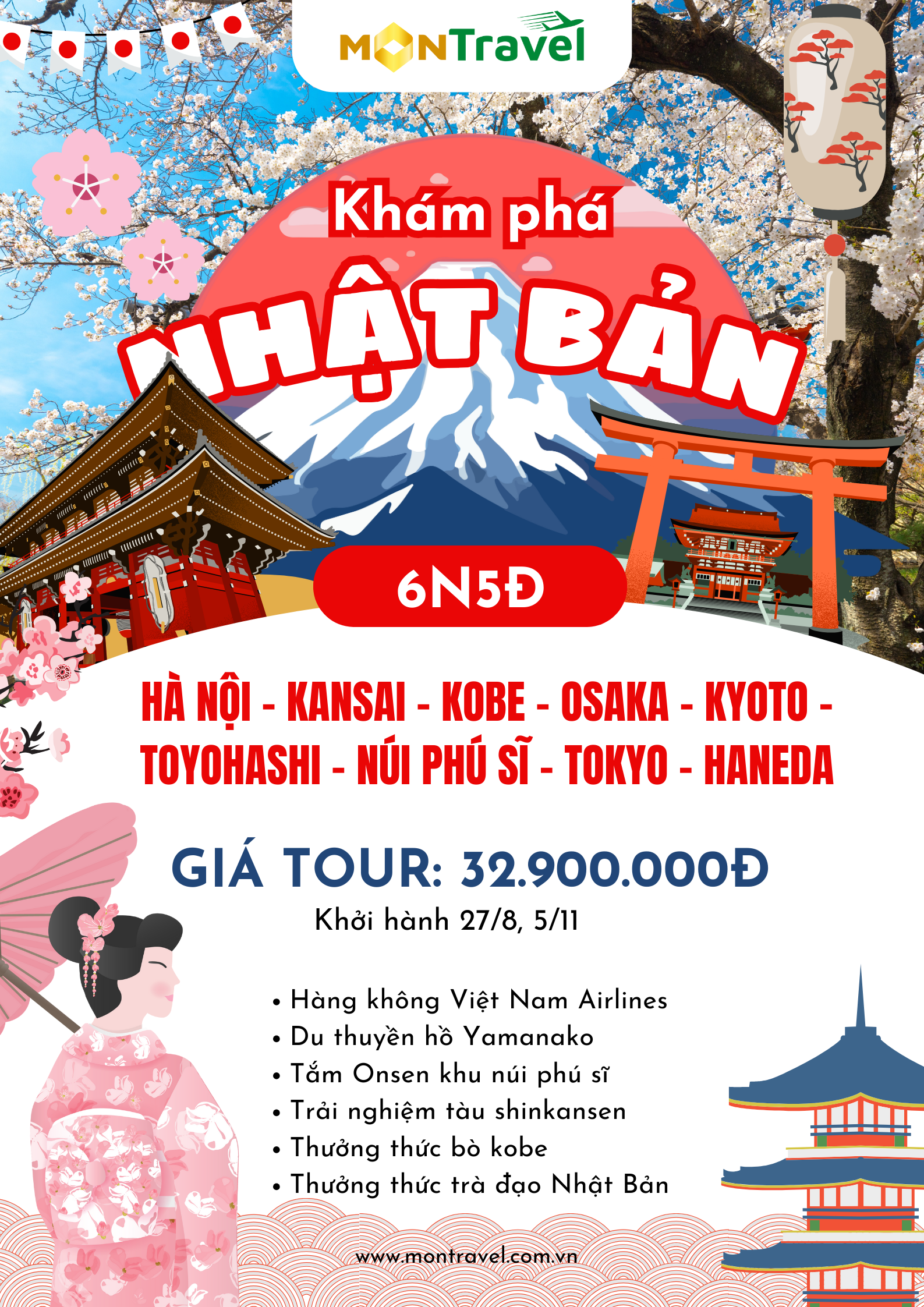 Tour Nhật Bản cung đường vàng 6N5Đ KANSAI – KOBE – OSAKA – KYOTO – TOYOHASHI – NÚI PHÚ SĨ - TOKYO – HANEDA